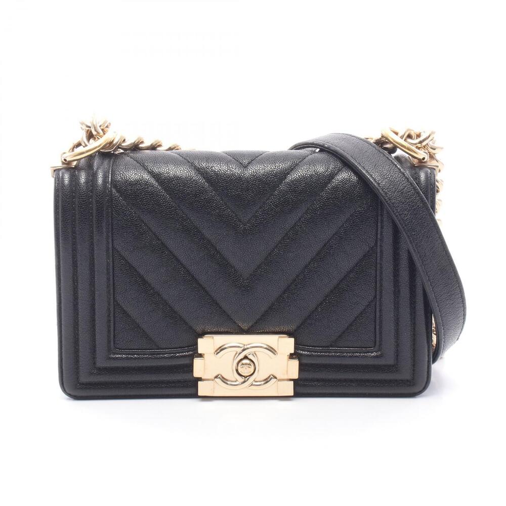 Chanel Boy Chevron V stitch Shoulder Bag Caviar Skin Grained Calfskin Black